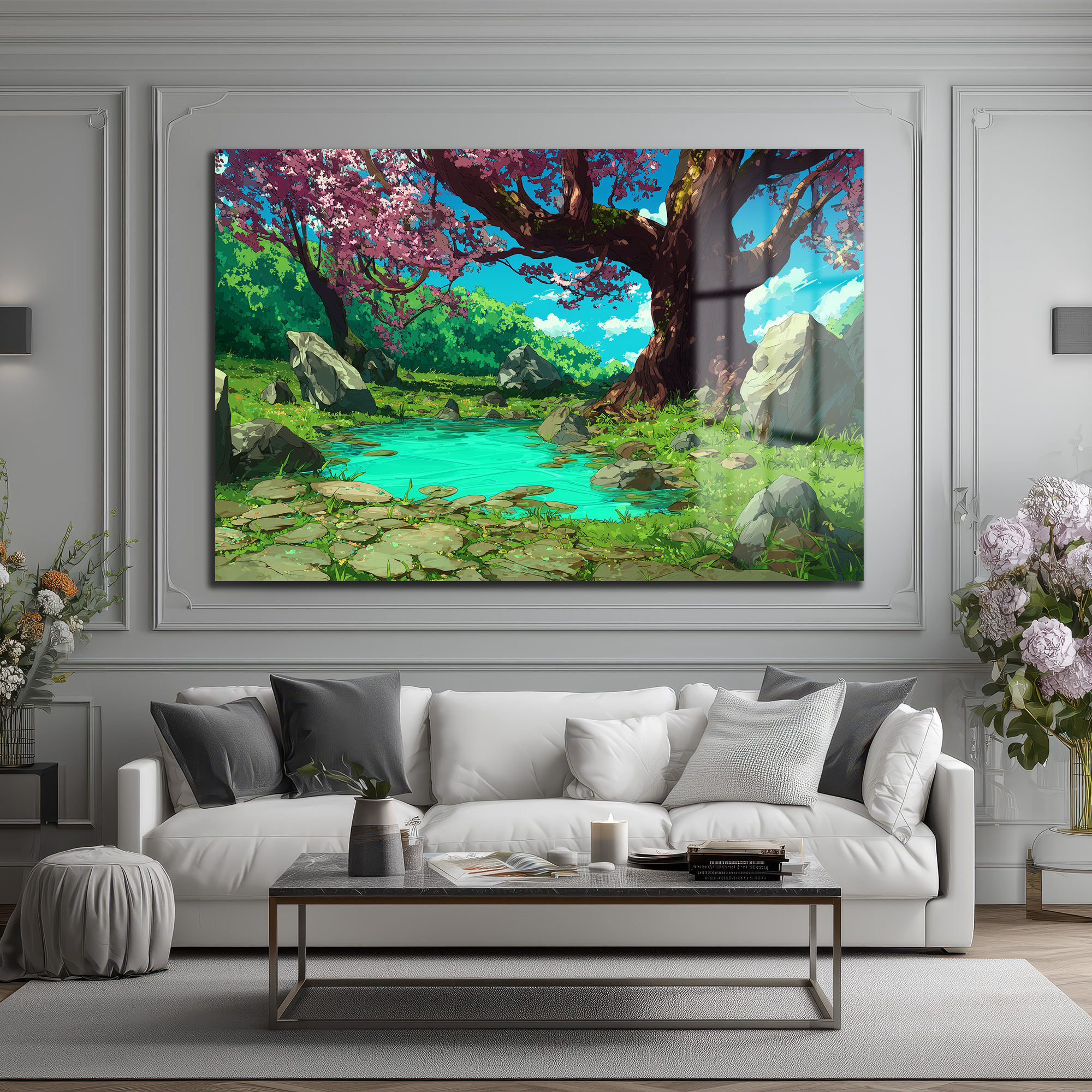 Anime Estetiği Sakura Ağaçlı Büyülü Göl Manzarası Cam Tablo Duvar Dekoru Anime Estetiği Sakura Ağaçlı Büyülü Göl Manzarası Cam Tablo