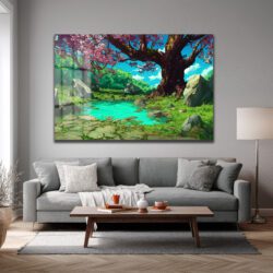 Anime Estetiği Sakura Ağaçlı Büyülü Göl Manzarası Cam Tablo Duvar Dekoru Anime Estetiği Sakura Ağaçlı Büyülü Göl Manzarası Cam Tablo