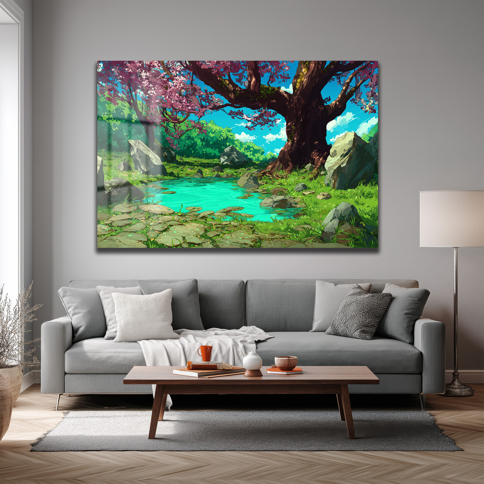 Anime Estetiği Sakura Ağaçlı Büyülü Göl Manzarası Cam Tablo Duvar Dekoru Anime Estetiği Sakura Ağaçlı Büyülü Göl Manzarası Cam Tablo