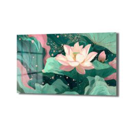 Koyu yeşil ve mint yeşili nilüfer yaprakları arasında, pembe ve beyaz tonlarında açmış bir nilüfer çiçeği ile bir nilüfer goncasının yer aldığı, altın çizgiler ve pembe parıltılarla süslenmiş dekoratif cam tablo.