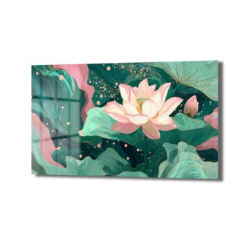 Lotus Bahçesi Rüyası: Modern Pembe ve Yeşil Cam Tablo - Glazella