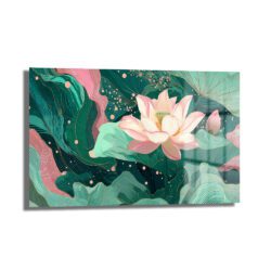 Lotus Bahçesi Rüyası: Modern Pembe ve Yeşil Cam Tablo Duvar Dekoru Lotus Bahçesi Rüyası: Modern Pembe ve Yeşil Cam Tablo