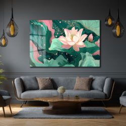 Lotus Bahçesi Rüyası: Modern Pembe ve Yeşil Cam Tablo Duvar Dekoru Lotus Bahçesi Rüyası: Modern Pembe ve Yeşil Cam Tablo