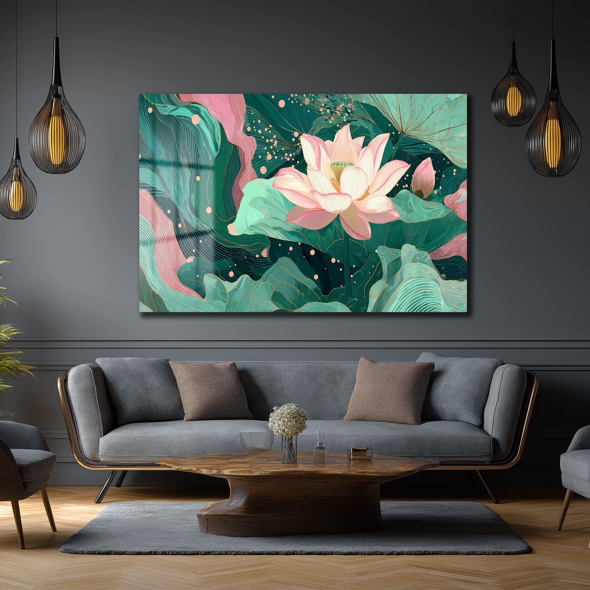 Lotus Bahçesi Rüyası: Modern Pembe ve Yeşil Cam Tablo Duvar Dekoru Lotus Bahçesi Rüyası: Modern Pembe ve Yeşil Cam Tablo