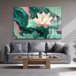 Lotus Bahçesi Rüyası: Modern Pembe ve Yeşil Cam Tablo Duvar Dekoru Lotus Bahçesi Rüyası: Modern Pembe ve Yeşil Cam Tablo