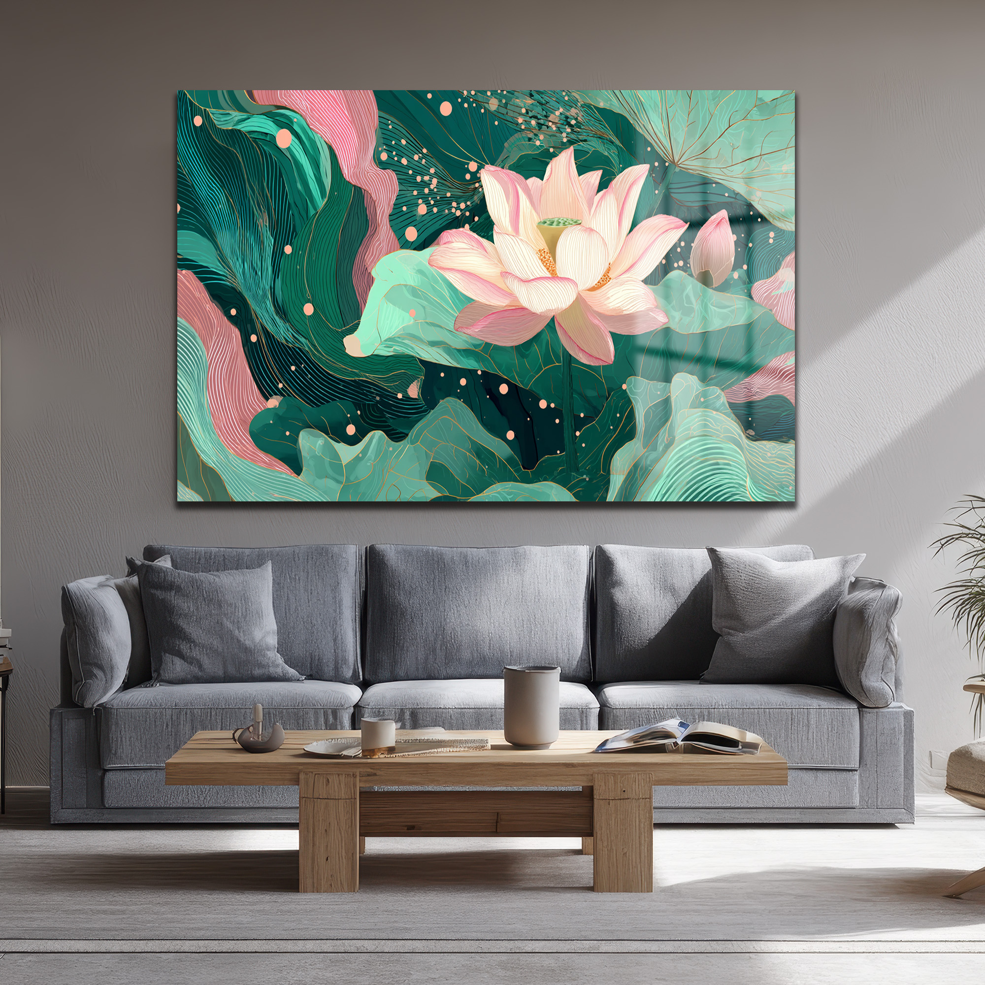 Lotus Bahçesi Rüyası: Modern Pembe ve Yeşil Cam Tablo Duvar Dekoru Lotus Bahçesi Rüyası: Modern Pembe ve Yeşil Cam Tablo
