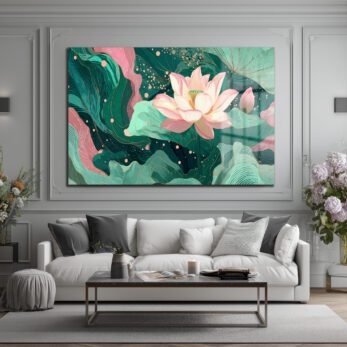Lotus Bahçesi Rüyası: Modern Pembe ve Yeşil Cam Tablo - Glazella Lotus Bahçesi Rüyası: Modern Pembe ve Yeşil Cam Tablo - Glazella