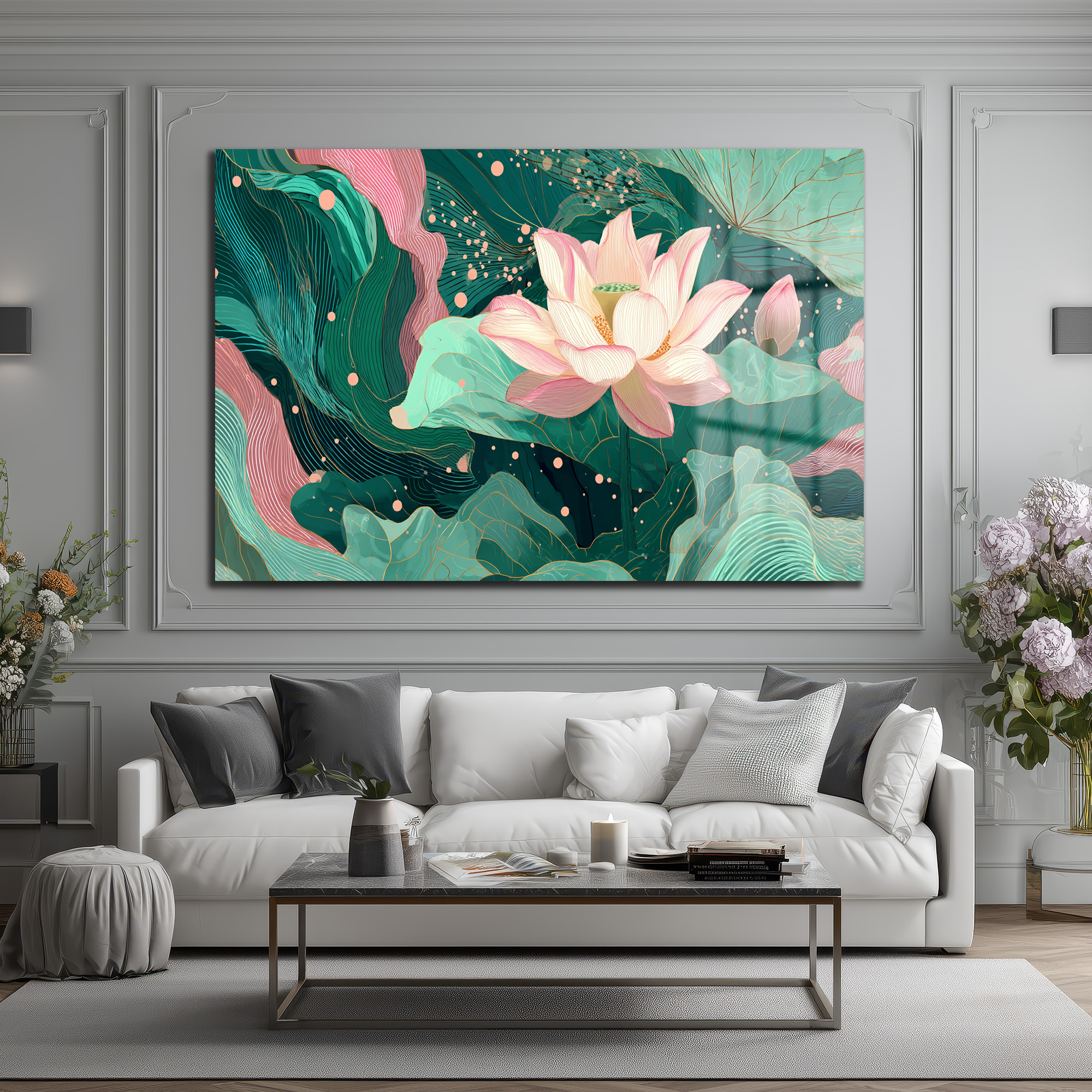 Lotus Bahçesi Rüyası: Modern Pembe ve Yeşil Cam Tablo Duvar Dekoru Lotus Bahçesi Rüyası: Modern Pembe ve Yeşil Cam Tablo