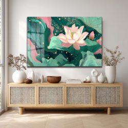 Lotus Bahçesi Rüyası: Modern Pembe ve Yeşil Cam Tablo Duvar Dekoru Lotus Bahçesi Rüyası: Modern Pembe ve Yeşil Cam Tablo