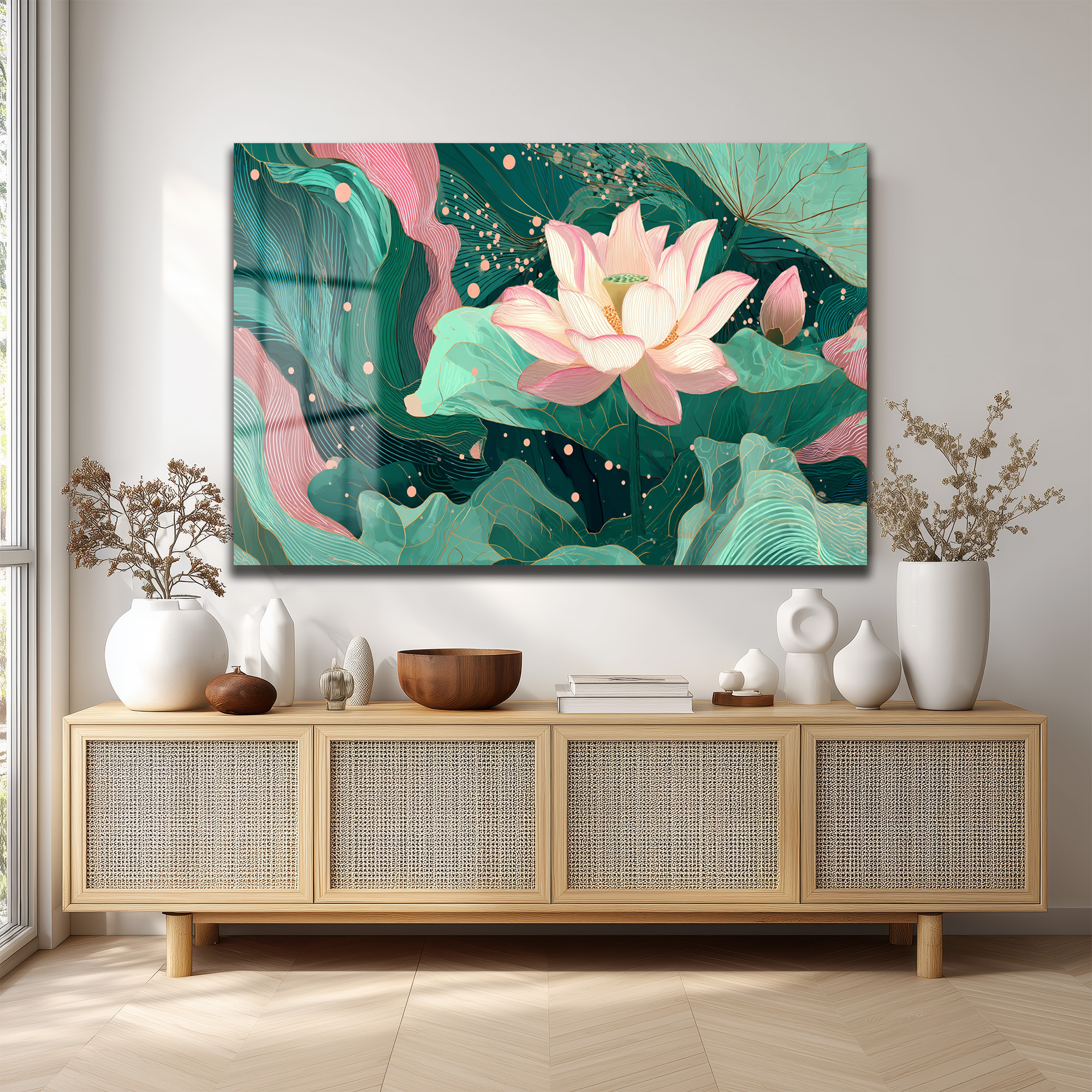 Lotus Bahçesi Rüyası: Modern Pembe ve Yeşil Cam Tablo Duvar Dekoru Lotus Bahçesi Rüyası: Modern Pembe ve Yeşil Cam Tablo