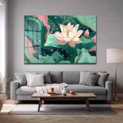 Lotus Bahçesi Rüyası: Modern Pembe ve Yeşil Cam Tablo Duvar Dekoru Lotus Bahçesi Rüyası: Modern Pembe ve Yeşil Cam Tablo