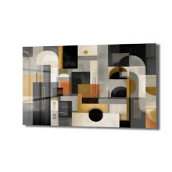 Siyah, altın, bej ve gri tonlarında, farklı geometrik şekillerin (dikdörtgenler, kareler, daireler, kemerler) bir araya geldiği, modern ve soyut desenli cam tablo.