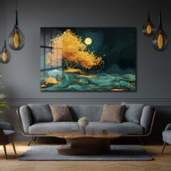 Altın Ağaç ve Dolunay Temalı Modern Cam Tablo Duvar Dekoru Altın Ağaç ve Dolunay Temalı Modern Cam Tablo