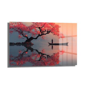 Sakura Ağacı ve Tekne Manzarası Cam Tablo - Japon Estetiği