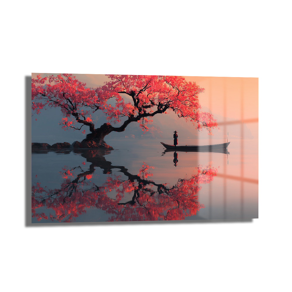 Sakura Ağacı ve Tekne Manzarası Cam Tablo - Japon Estetiği Duvar Dekoru Sakura Ağacı ve Tekne Manzarası Cam Tablo - Japon Estetiği