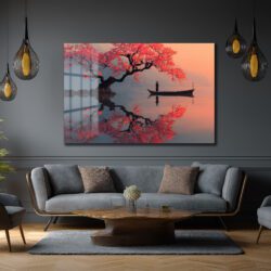 Sakura Ağacı ve Tekne Manzarası Cam Tablo - Japon Estetiği Duvar Dekoru Sakura Ağacı ve Tekne Manzarası Cam Tablo - Japon Estetiği