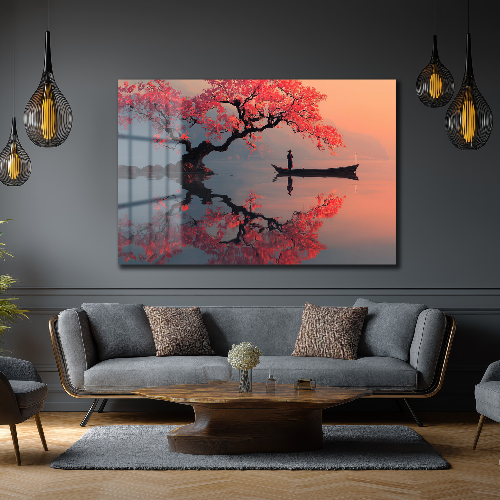 Sakura Ağacı ve Tekne Manzarası Cam Tablo - Japon Estetiği Duvar Dekoru Sakura Ağacı ve Tekne Manzarası Cam Tablo - Japon Estetiği