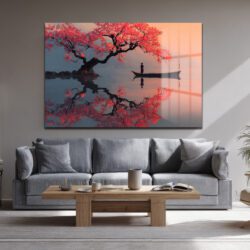Sakura Ağacı ve Tekne Manzarası Cam Tablo - Japon Estetiği Duvar Dekoru Sakura Ağacı ve Tekne Manzarası Cam Tablo - Japon Estetiği