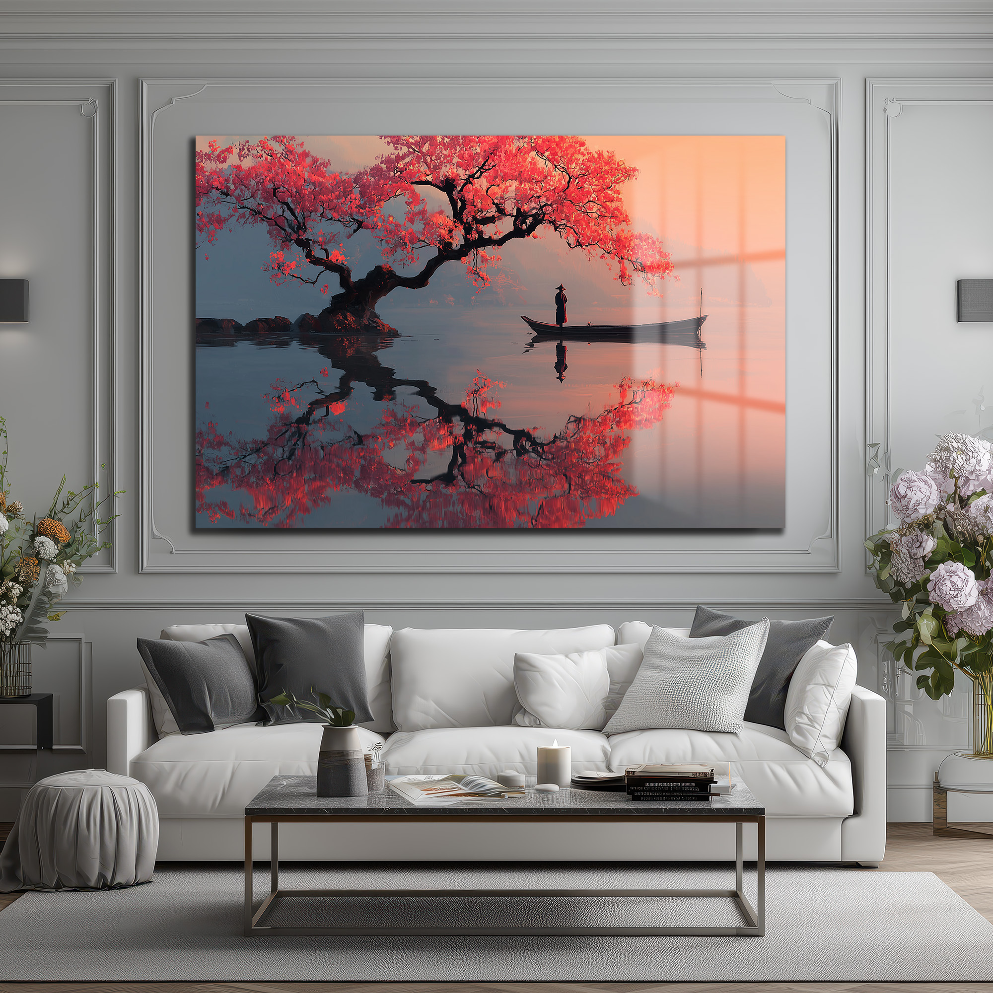 Sakura Ağacı ve Tekne Manzarası Cam Tablo - Japon Estetiği Duvar Dekoru Sakura Ağacı ve Tekne Manzarası Cam Tablo - Japon Estetiği