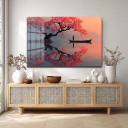 Sakura Ağacı ve Tekne Manzarası Cam Tablo - Japon Estetiği Duvar Dekoru Sakura Ağacı ve Tekne Manzarası Cam Tablo - Japon Estetiği