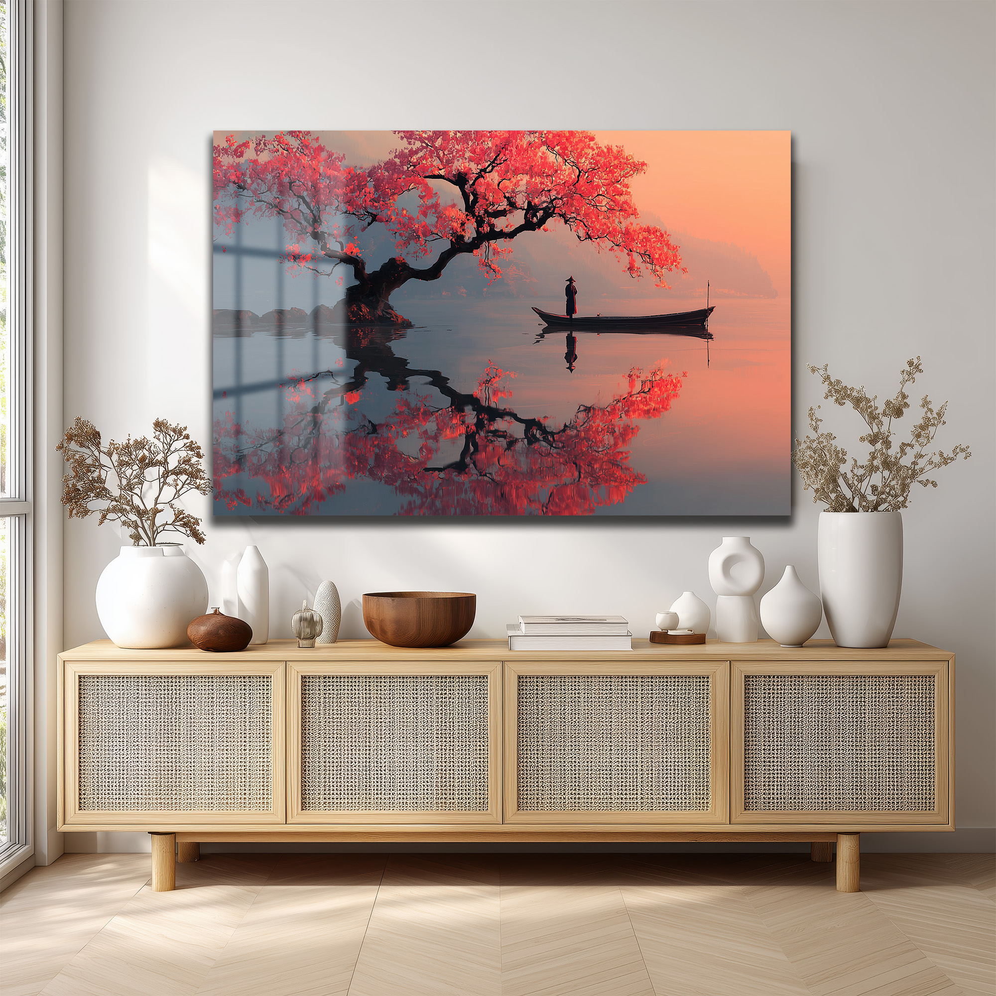 Sakura Ağacı ve Tekne Manzarası Cam Tablo - Japon Estetiği Duvar Dekoru Sakura Ağacı ve Tekne Manzarası Cam Tablo - Japon Estetiği