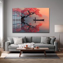 Sakura Ağacı ve Tekne Manzarası Cam Tablo - Japon Estetiği Duvar Dekoru Sakura Ağacı ve Tekne Manzarası Cam Tablo - Japon Estetiği