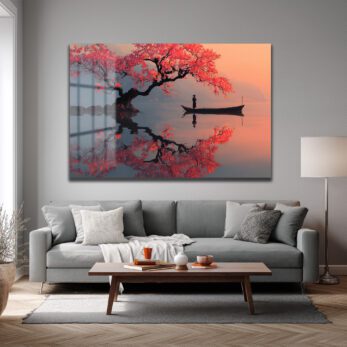 Sakura Ağacı ve Tekne Manzarası Cam Tablo - Japon Estetiği - Glazella