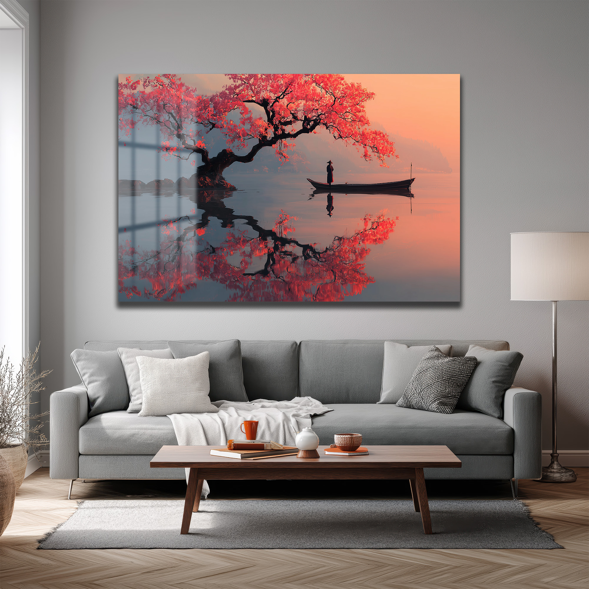Sakura Ağacı ve Tekne Manzarası Cam Tablo - Japon Estetiği Duvar Dekoru Sakura Ağacı ve Tekne Manzarası Cam Tablo - Japon Estetiği