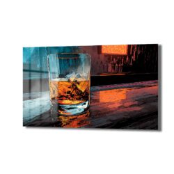Barda buzlu bir viski bardağı, arka planda bulanık şişeler ve neon ışıklı bir tabela bulunan modern illüstrasyon tarzında cam tablo. Mavi ve turuncu ışık yansımaları bar tezgahını aydınlatıyor.