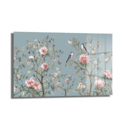 Chinoiserie Bahçesi Kuşlar ve Şakayıklar Cam Tablo Duvar Dekoru Chinoiserie Bahçesi Kuşlar ve Şakayıklar Cam Tablo