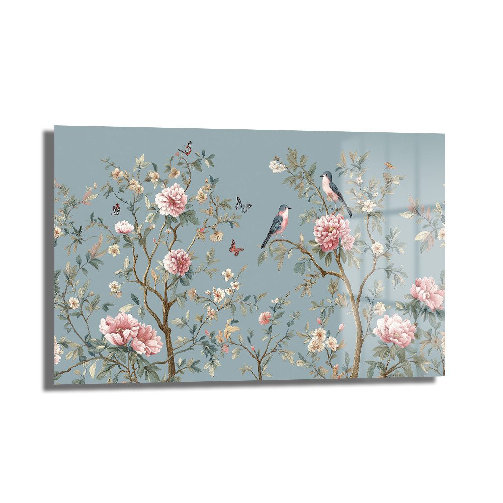 Chinoiserie Bahçesi Kuşlar ve Şakayıklar Cam Tablo Duvar Dekoru Chinoiserie Bahçesi Kuşlar ve Şakayıklar Cam Tablo