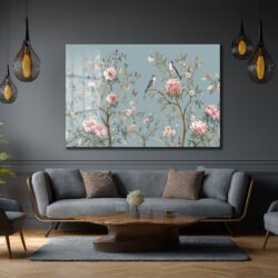 Chinoiserie Bahçesi Kuşlar ve Şakayıklar Cam Tablo Duvar Dekoru Chinoiserie Bahçesi Kuşlar ve Şakayıklar Cam Tablo