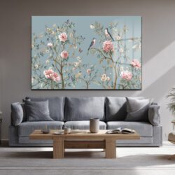 Chinoiserie Bahçesi Kuşlar ve Şakayıklar Cam Tablo Duvar Dekoru Chinoiserie Bahçesi Kuşlar ve Şakayıklar Cam Tablo