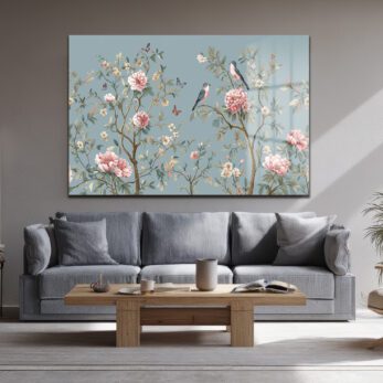 Chinoiserie Bahçesi Kuşlar ve Şakayıklar Cam Tablo - Glazella Chinoiserie Bahçesi Kuşlar ve Şakayıklar Cam Tablo - Glazella