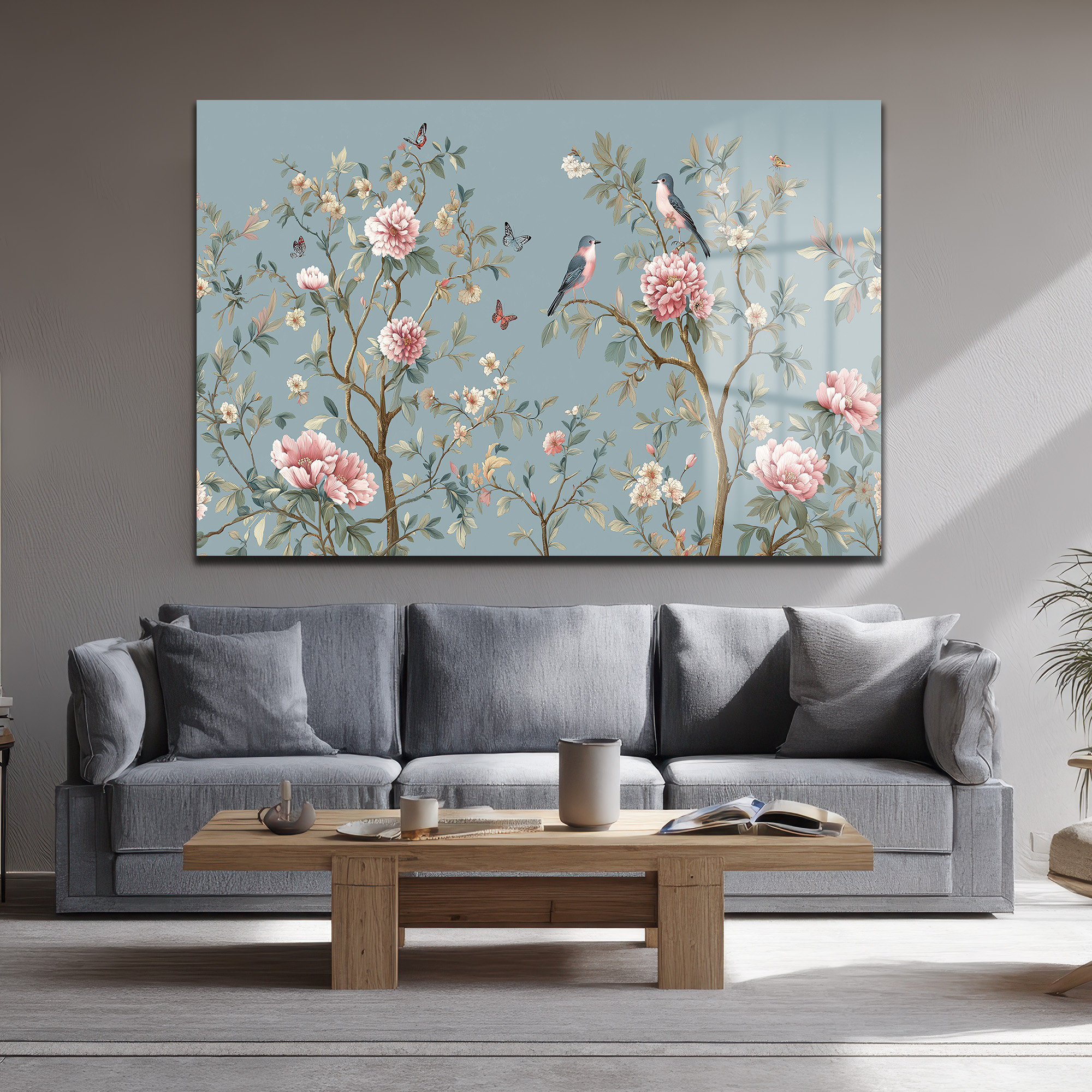 Chinoiserie Bahçesi Kuşlar ve Şakayıklar Cam Tablo Duvar Dekoru Chinoiserie Bahçesi Kuşlar ve Şakayıklar Cam Tablo