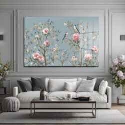 Chinoiserie Bahçesi Kuşlar ve Şakayıklar Cam Tablo Duvar Dekoru Chinoiserie Bahçesi Kuşlar ve Şakayıklar Cam Tablo