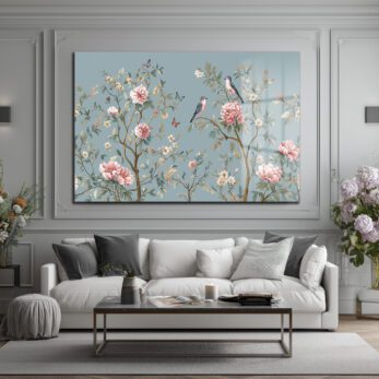 Chinoiserie Bahçesi Kuşlar ve Şakayıklar Cam Tablo - Glazella Chinoiserie Bahçesi Kuşlar ve Şakayıklar Cam Tablo - Glazella