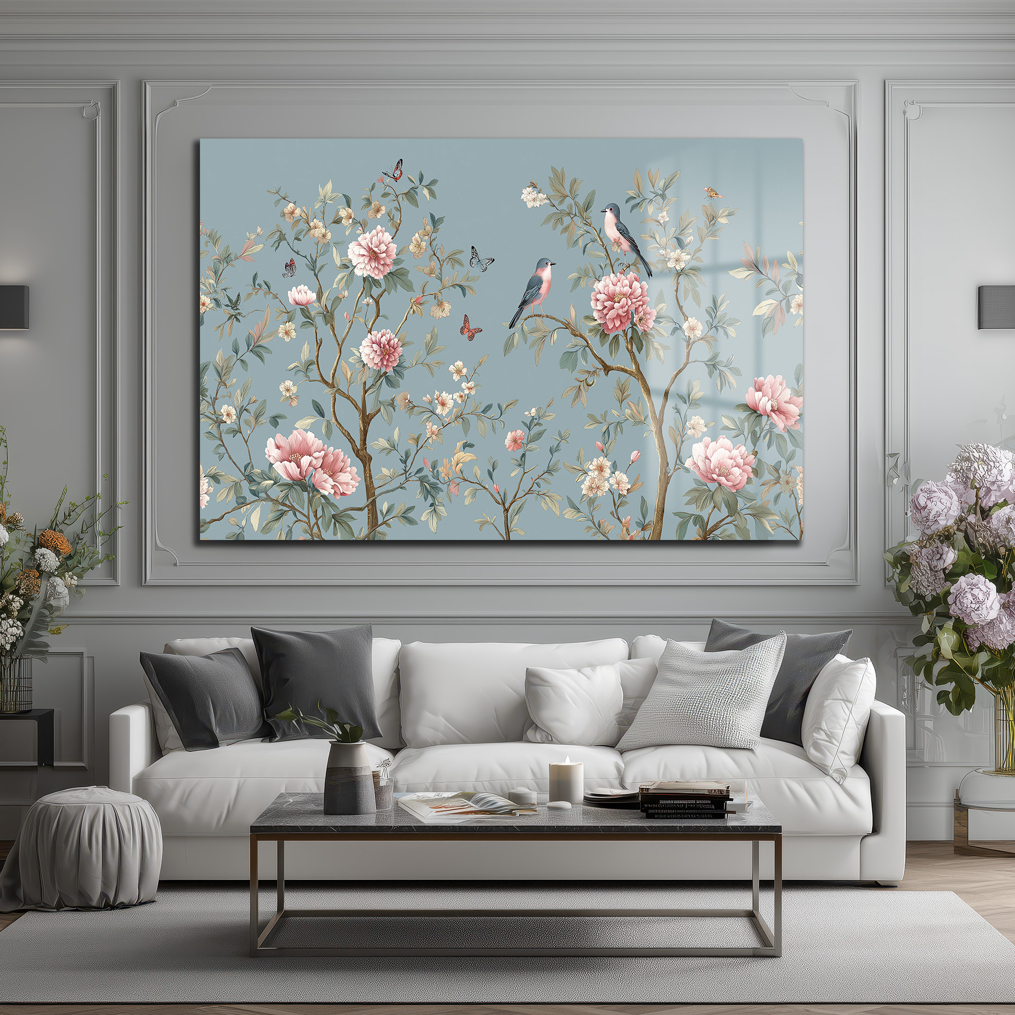 Chinoiserie Bahçesi Kuşlar ve Şakayıklar Cam Tablo Duvar Dekoru Chinoiserie Bahçesi Kuşlar ve Şakayıklar Cam Tablo