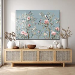 Chinoiserie Bahçesi Kuşlar ve Şakayıklar Cam Tablo Duvar Dekoru Chinoiserie Bahçesi Kuşlar ve Şakayıklar Cam Tablo