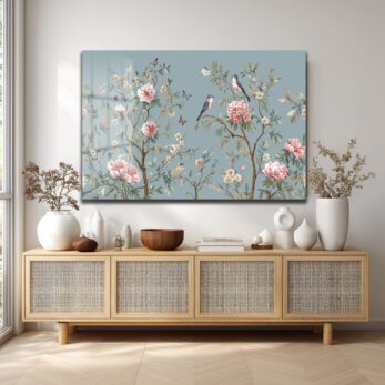 Chinoiserie Bahçesi Kuşlar ve Şakayıklar Cam Tablo - Glazella Chinoiserie Bahçesi Kuşlar ve Şakayıklar Cam Tablo - Glazella