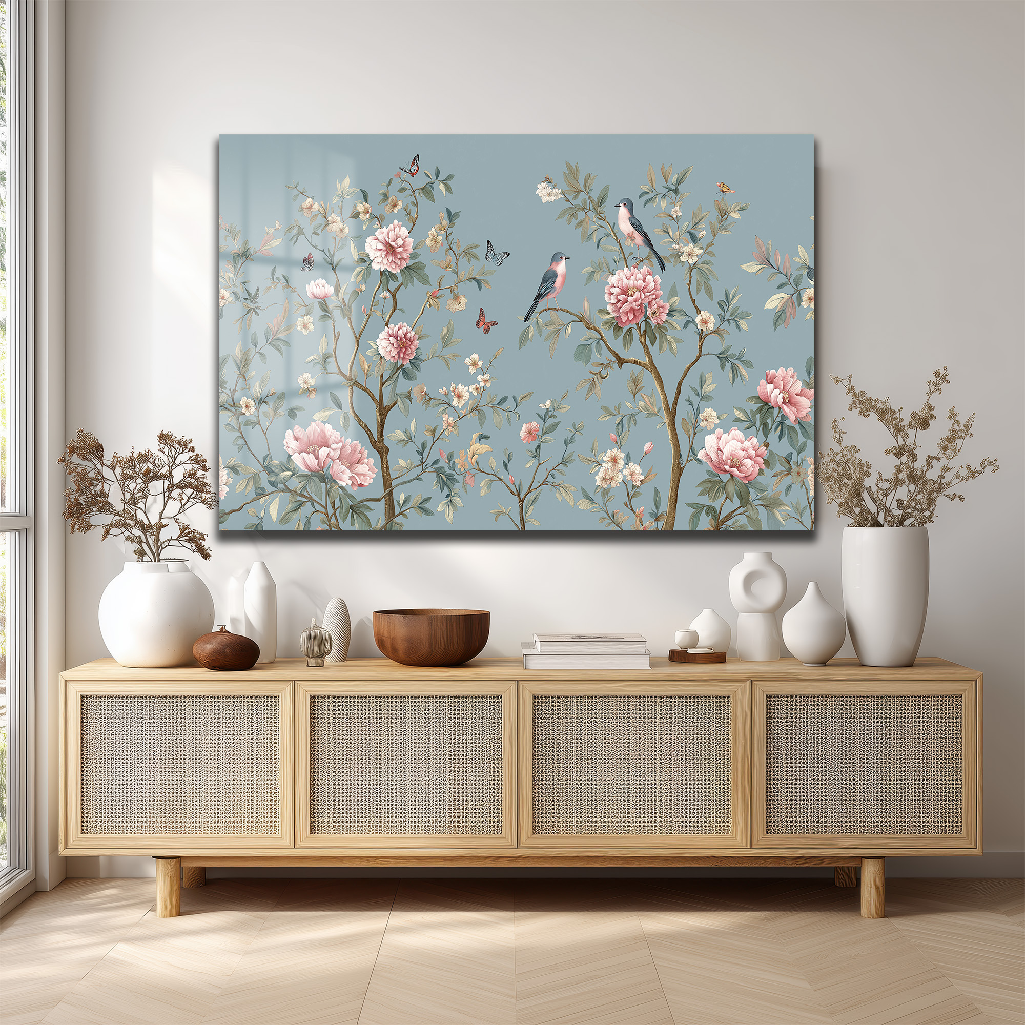 Chinoiserie Bahçesi Kuşlar ve Şakayıklar Cam Tablo Duvar Dekoru Chinoiserie Bahçesi Kuşlar ve Şakayıklar Cam Tablo