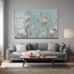 Chinoiserie Bahçesi Kuşlar ve Şakayıklar Cam Tablo Duvar Dekoru Chinoiserie Bahçesi Kuşlar ve Şakayıklar Cam Tablo