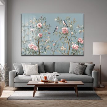 Chinoiserie Bahçesi Kuşlar ve Şakayıklar Cam Tablo - Glazella Chinoiserie Bahçesi Kuşlar ve Şakayıklar Cam Tablo - Glazella