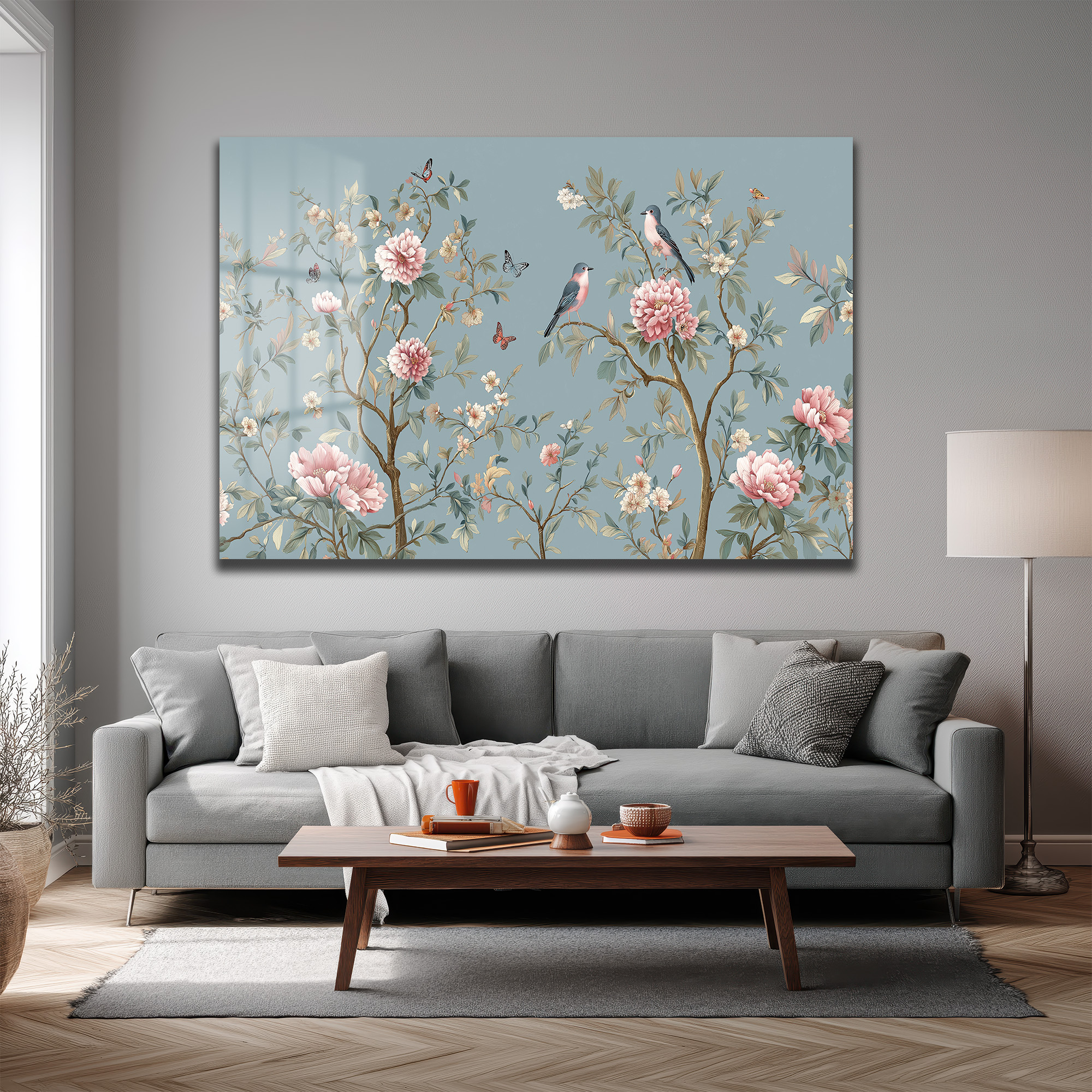 Chinoiserie Bahçesi Kuşlar ve Şakayıklar Cam Tablo Duvar Dekoru Chinoiserie Bahçesi Kuşlar ve Şakayıklar Cam Tablo