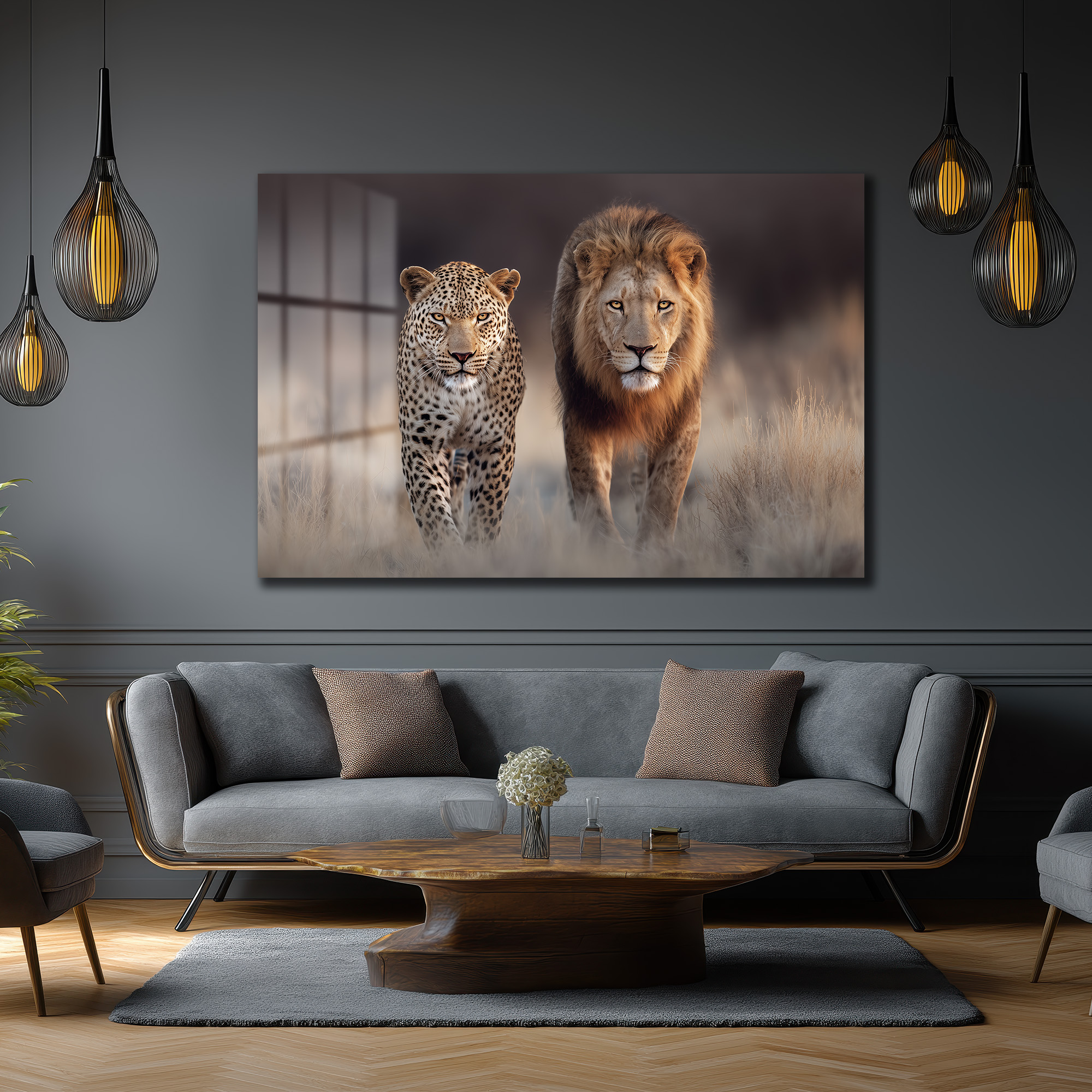 Aslan ve Leopar Yürüyüşü Cam Tablo - Vahşi Doğanın Görkemli Dansı Duvar Dekoru Aslan ve Leopar Yürüyüşü Cam Tablo - Vahşi Doğanın Görkemli Dansı
