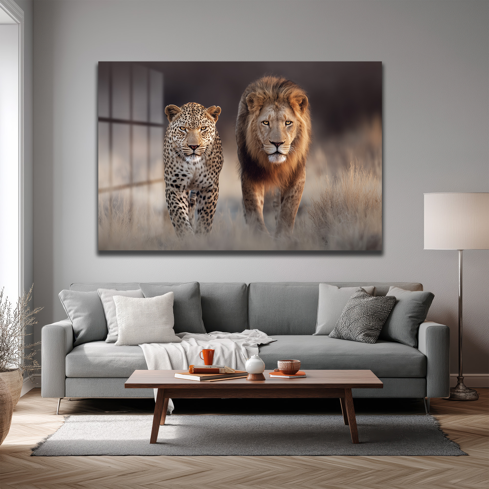 Aslan ve Leopar Yürüyüşü Cam Tablo - Vahşi Doğanın Görkemli Dansı Duvar Dekoru Aslan ve Leopar Yürüyüşü Cam Tablo - Vahşi Doğanın Görkemli Dansı