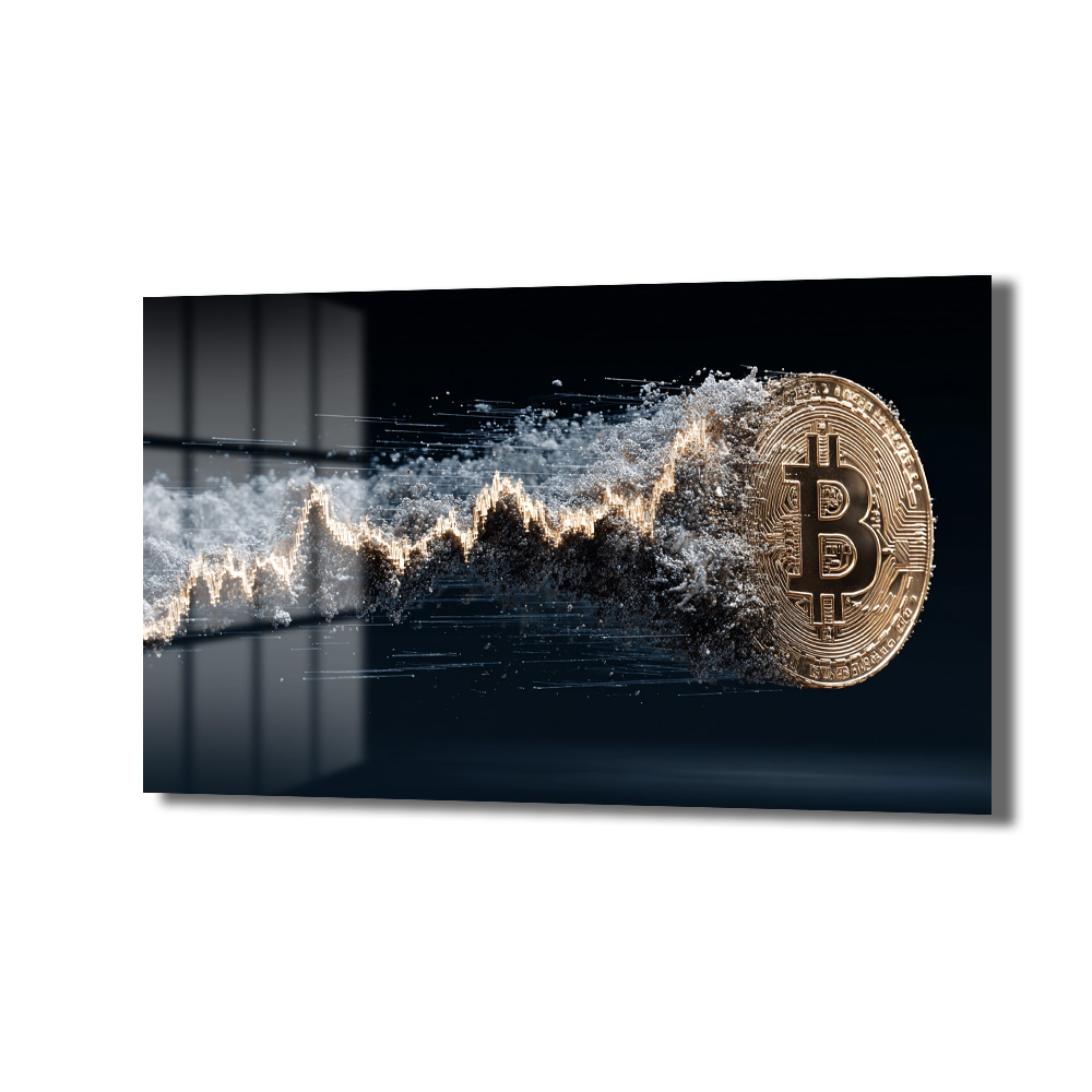 Bitcoin Dalgalanması Cam Tablo - Kripto Sanatın Dorukları Duvar Dekoru Koyu bir arka plan üzerinde altın rengi bir Bitcoin madeni parasından yayılan, dalgalı ve pırıltılı bir finans grafiğini gösteren cam tablo. Grafik, Bitcoin'in değerindeki dinamik artışı ve dijital çağın enerjisini simgeliyor.