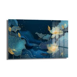Derin Mavi Lotus Bahçesi Altın Detaylı Cam Tablo Duvar Dekoru Derin Mavi Lotus Bahçesi Altın Detaylı Cam Tablo