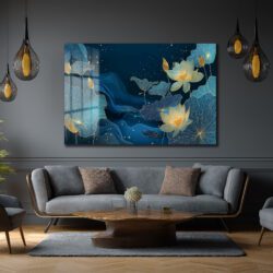Derin Mavi Lotus Bahçesi Altın Detaylı Cam Tablo Duvar Dekoru Derin Mavi Lotus Bahçesi Altın Detaylı Cam Tablo