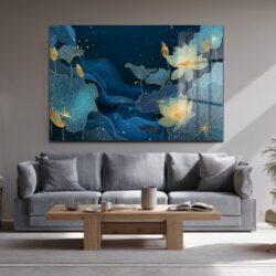 Derin Mavi Lotus Bahçesi Altın Detaylı Cam Tablo Duvar Dekoru Derin Mavi Lotus Bahçesi Altın Detaylı Cam Tablo